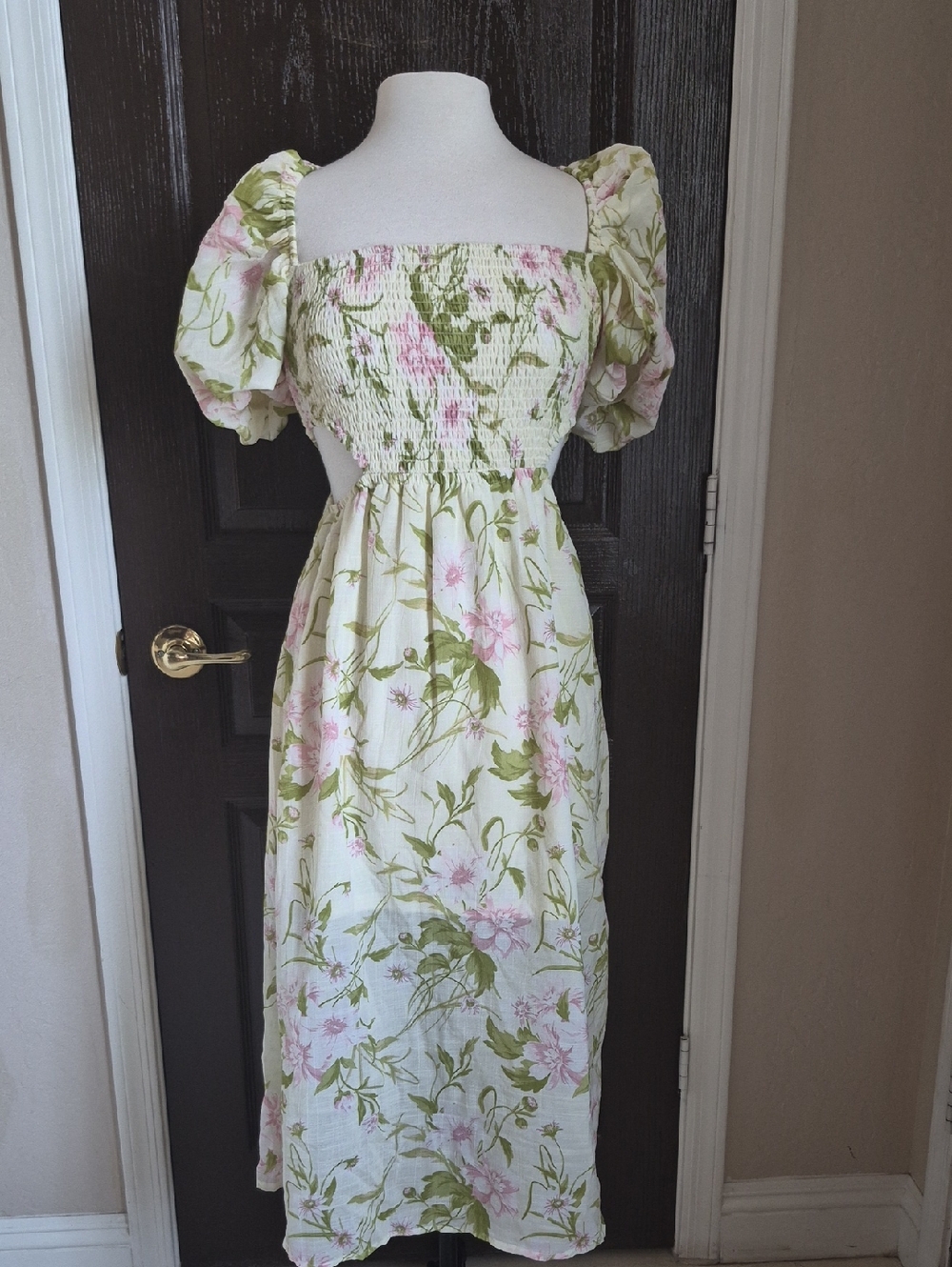 Blush White Midi Dress with Pink Floral and Green Foliage Nwot